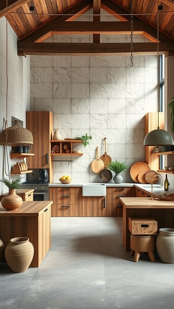 A beautifully designed open kitchen featuring wooden cabinets, stone walls, and natural decor.