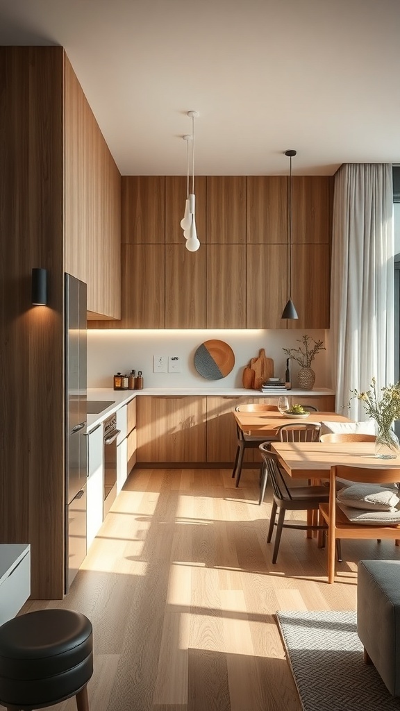 A modern small kitchen with wooden cabinets and a cozy dining area.