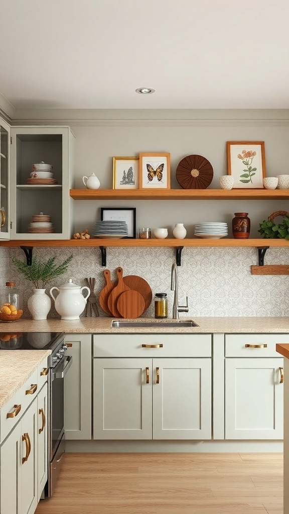 A kitchen featuring two-tone cabinets and open shelving with decorative items and dishes.