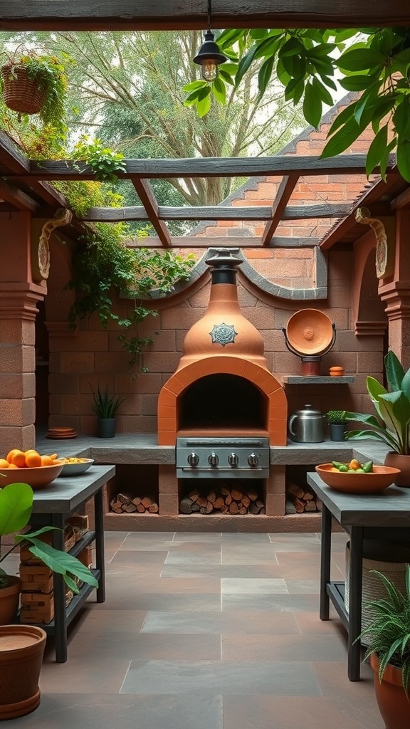 A beautifully designed open air kitchen with a rustic oven, surrounded by plants and natural light.