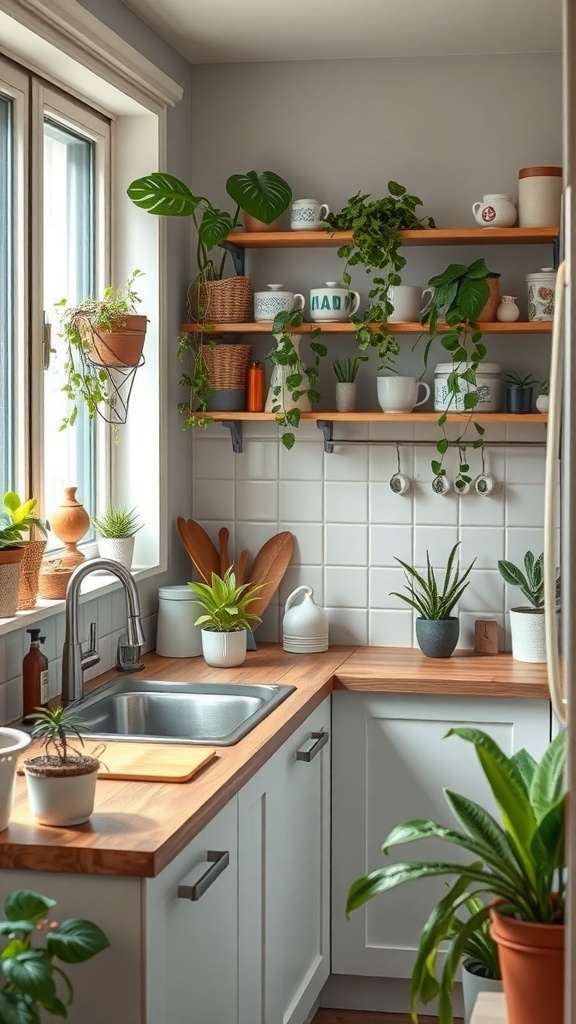 A cozy kitchen with plants on shelves and countertops, showcasing a fresh and inviting atmosphere.