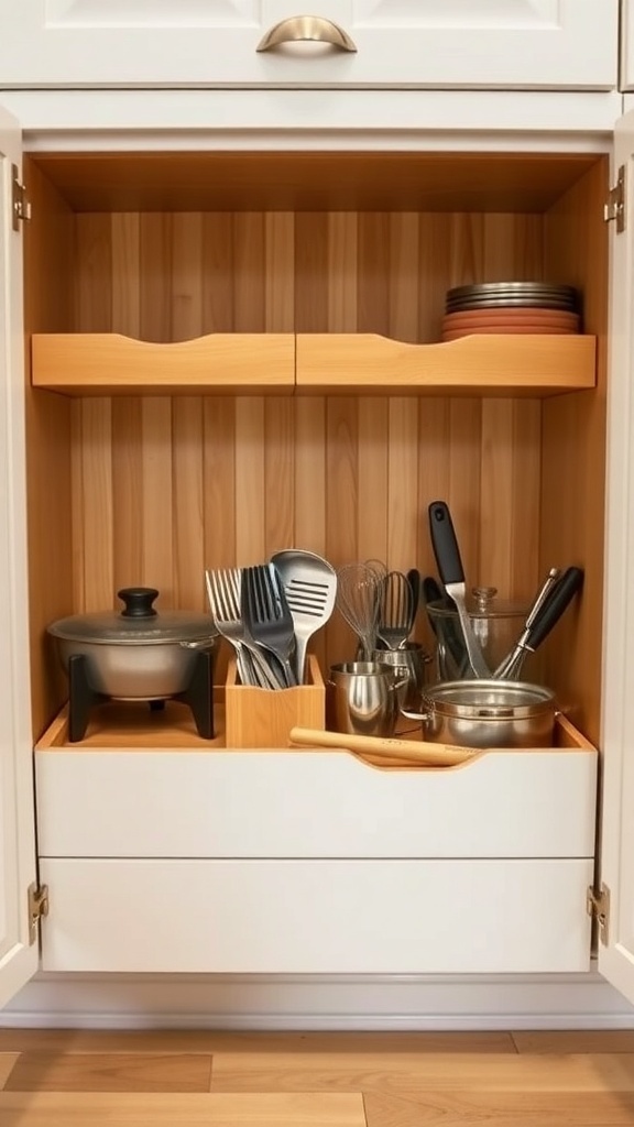 A well-organized kitchen cupboard featuring pull-out drawers with utensils and cookware.