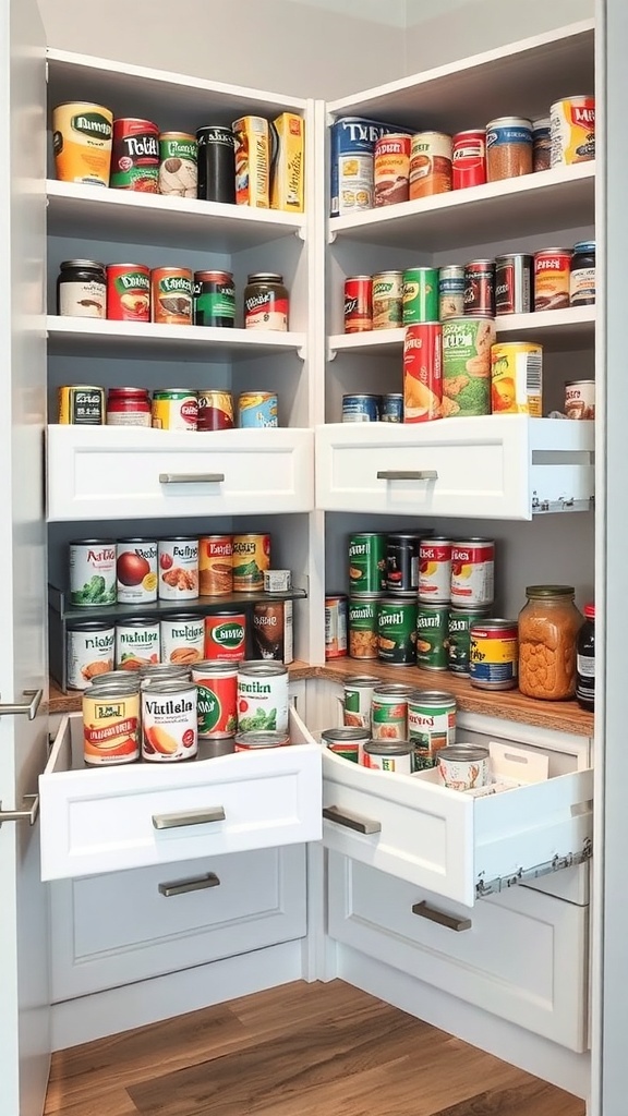 A corner kitchen pantry with pull-out drawers filled with various canned goods and jars.