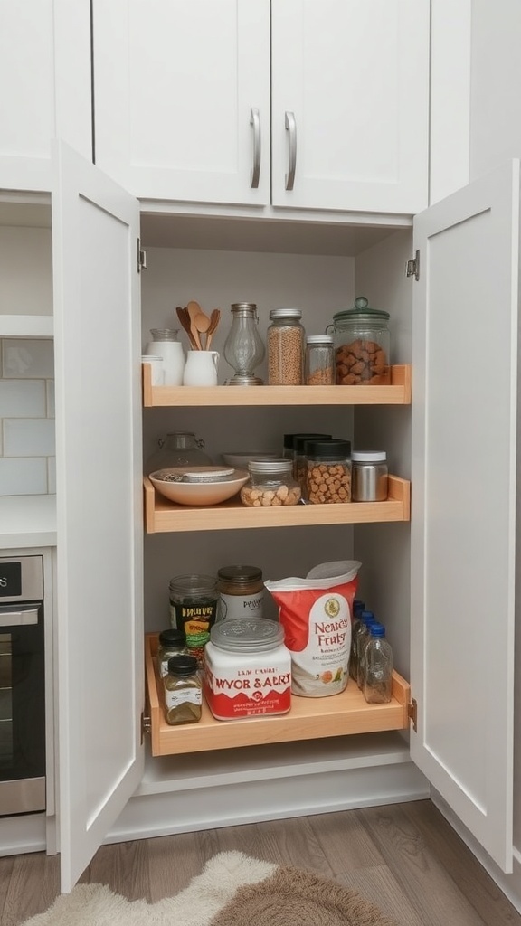 A kitchen cabinet with pull-out shelves displaying various jars and containers.