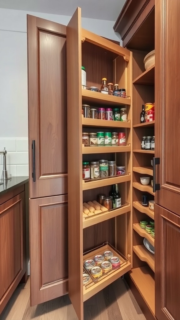 A kitchen cabinet with pull-out shelves displaying various spices and jars.