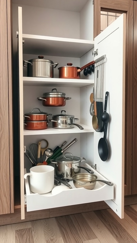A cabinet with pull-out shelves displaying pots, pans, and kitchen utensils.