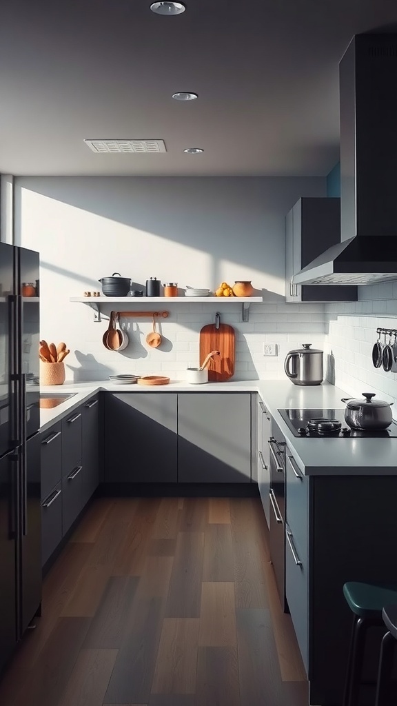 A modern open kitchen featuring sleek appliances and a clean design.