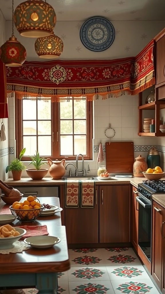A cozy small kitchen featuring traditional Indian decor with vibrant textiles and decorative pottery.