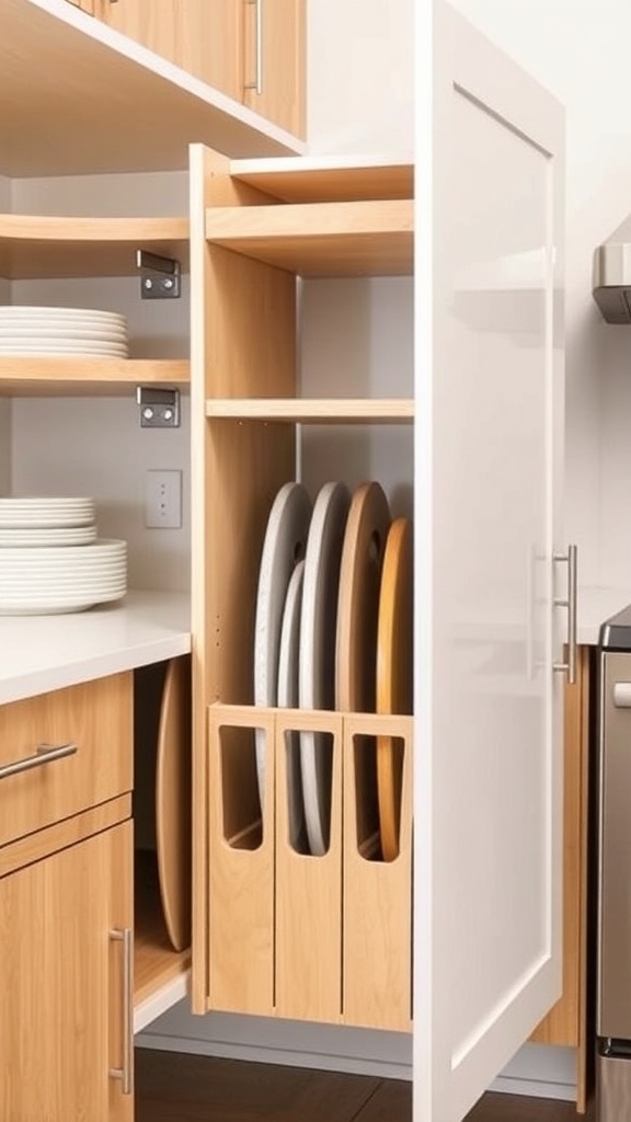 A kitchen cabinet with vertical dividers holding plates and cutting boards.