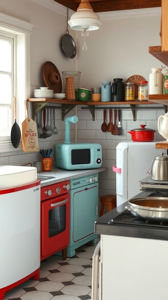 A small kitchen with vintage appliances and decor.