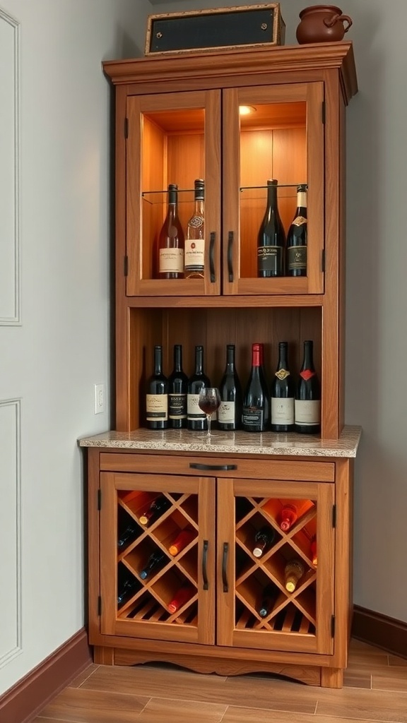 A corner kitchen cabinet featuring a wine rack with various bottles of wine and a glass.