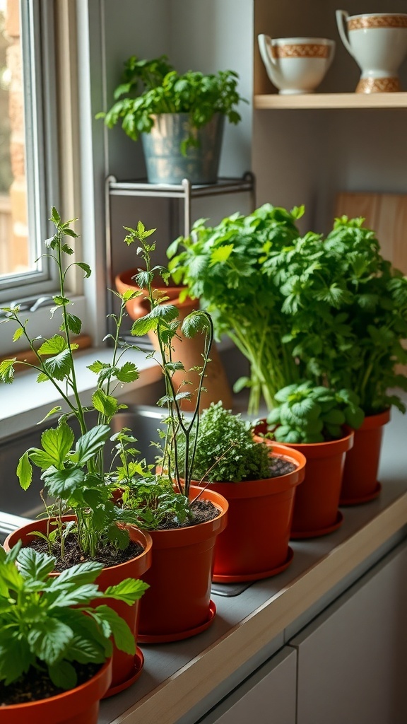 Indoor herb garden with various plants in pots on a kitchen windowsill