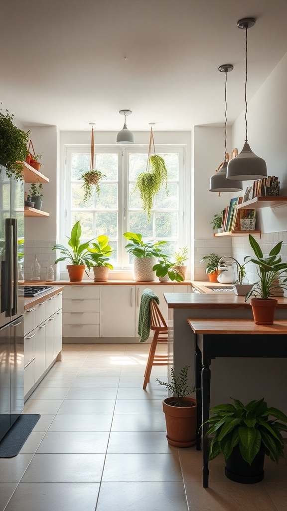 A bright kitchen filled with various indoor plants in pots, showcasing a fresh and lively atmosphere.
