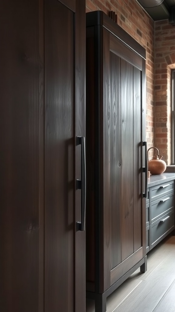 Close-up of industrial-style kitchen cabinet door handles on dark wood cabinets.