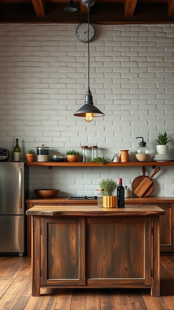 A modern rustic kitchen featuring industrial lighting fixtures.