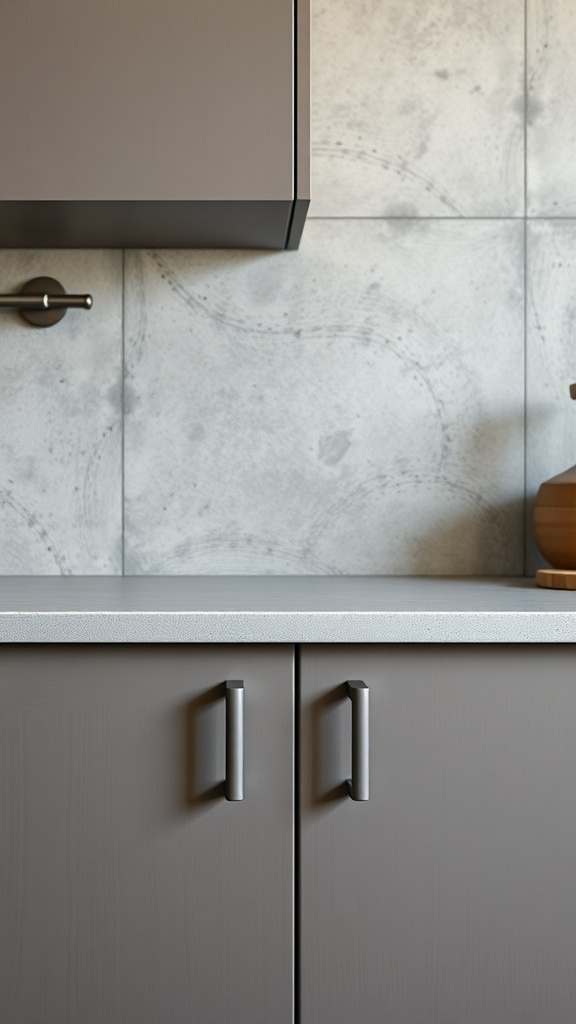 Close-up of industrial metal cabinet handles on modern kitchen cabinets.