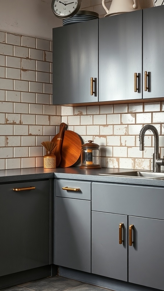 Kitchen with industrial pipe handles on cabinets.
