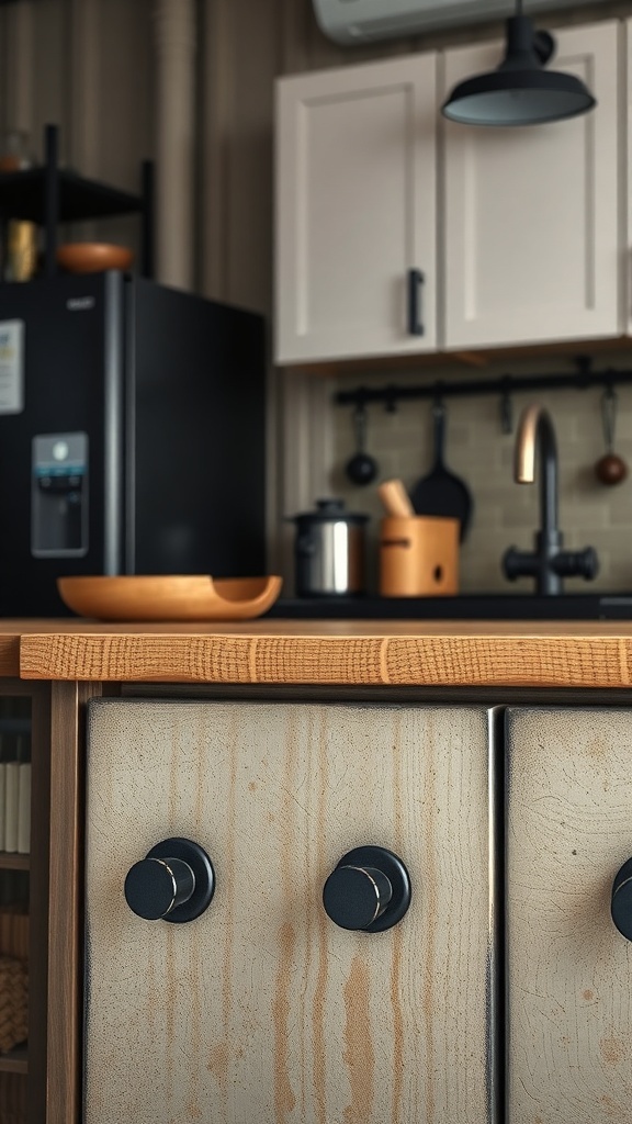 Close-up of kitchen drawers with industrial style pulls.