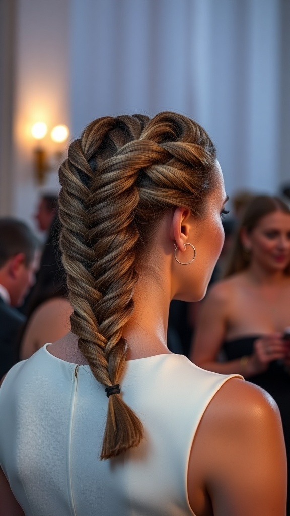 A close-up of a woman's back showing a beautifully styled infinity braid.