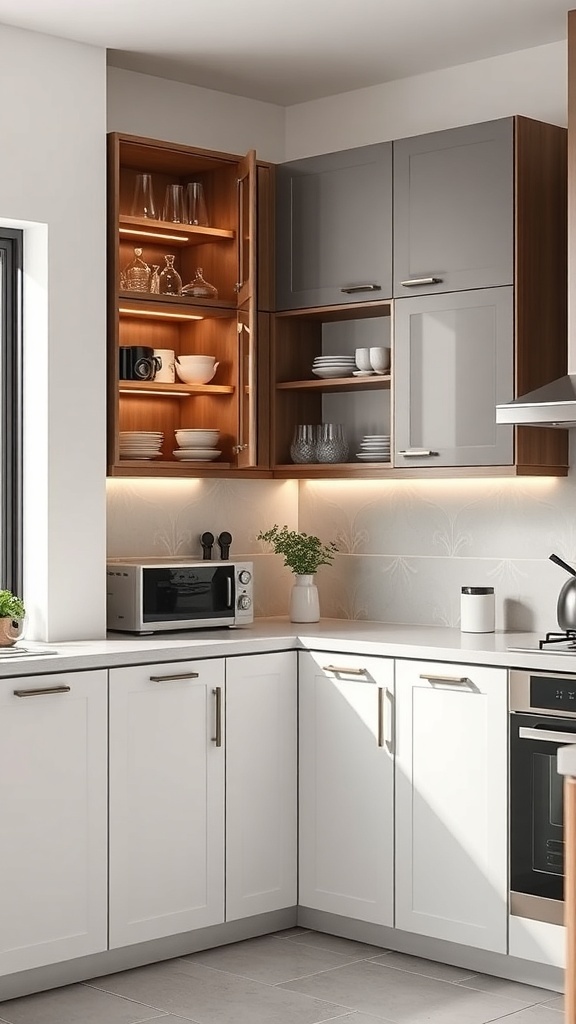 A modern corner cupboard kitchen with stylish cabinetry and lighting.