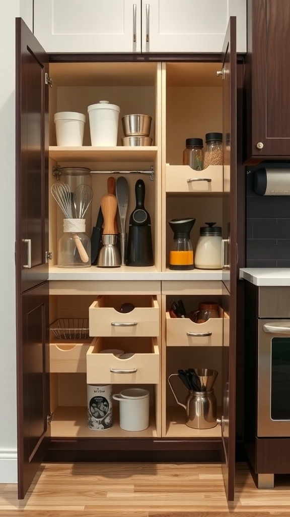 A modern corner kitchen cabinet with organized drawers and shelves.