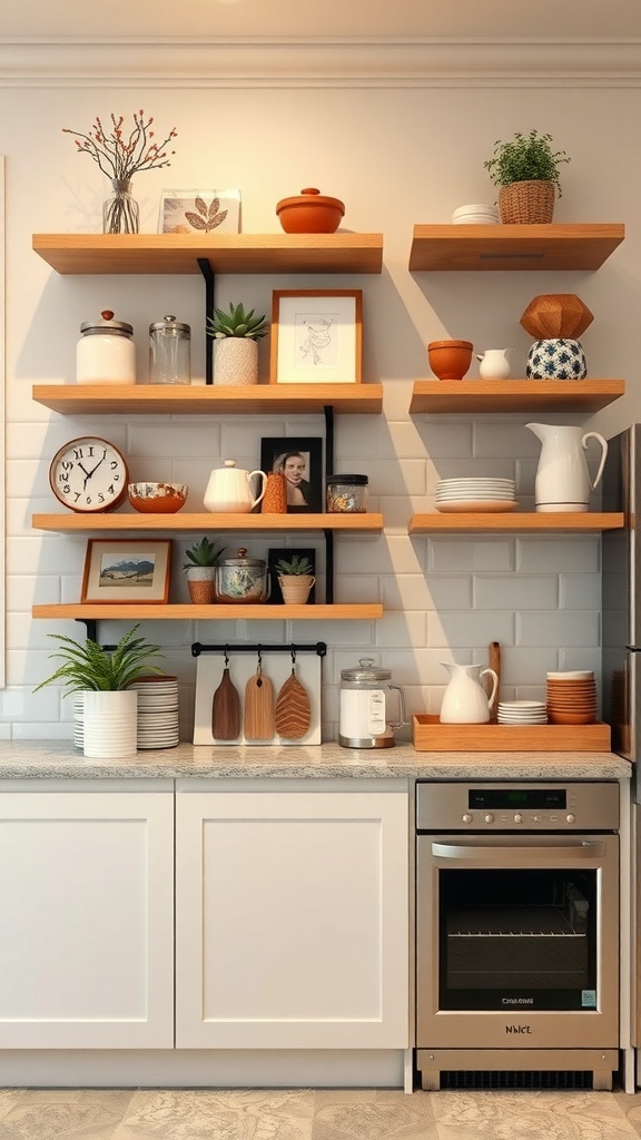 Stylish corner shelves in a kitchen displaying various decorative items and plants.