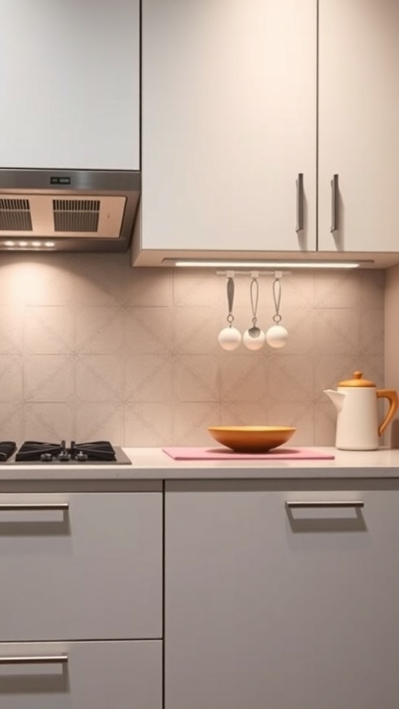 A modern kitchen with sleek cupboard handles and a stylish countertop.