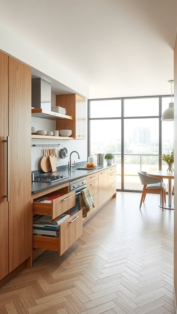 A modern open kitchen featuring wooden cabinets, drawers, and a sleek countertop.