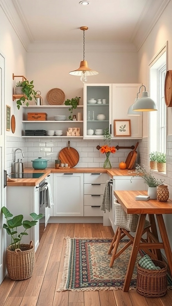 A small, stylish kitchen with wooden accents, plants, and a cozy dining area.