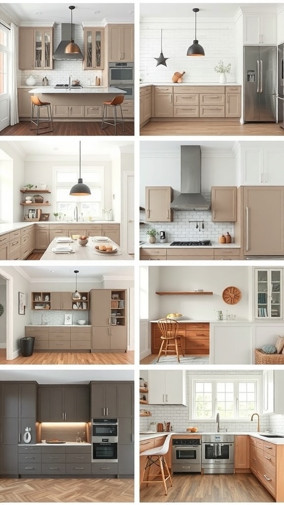 A collage of kitchens featuring taupe cabinets in various styles and designs.