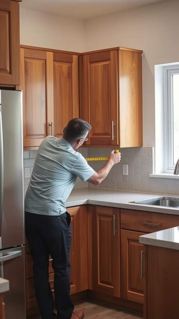 A person measuring the height for kitchen cabinet handles.