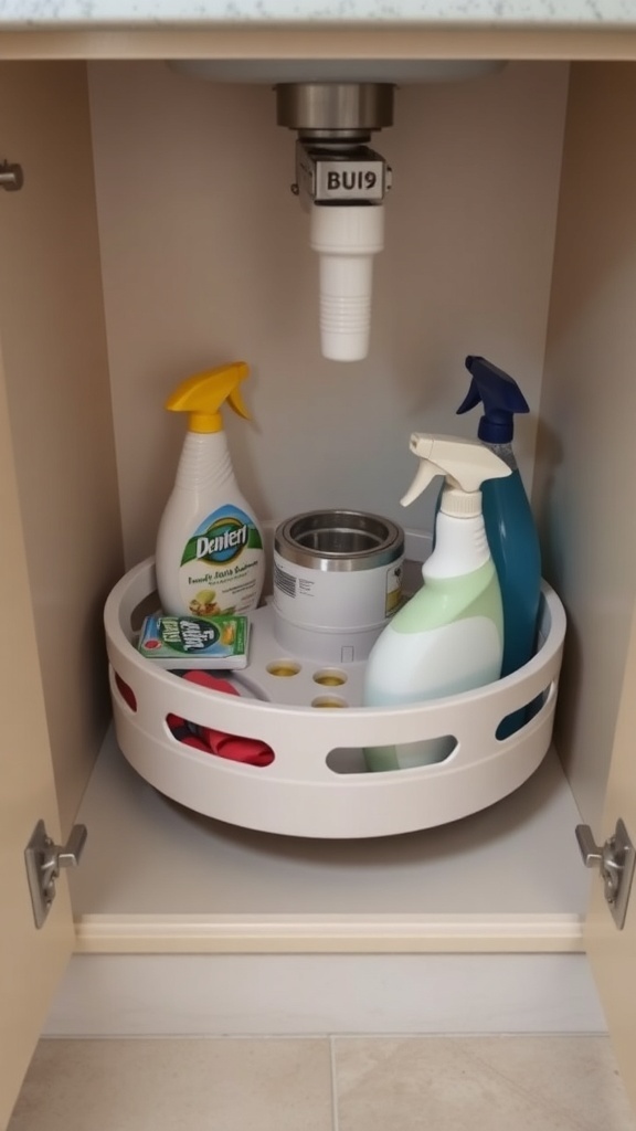 Under sink organization with a Lazy Susan holding cleaning supplies.