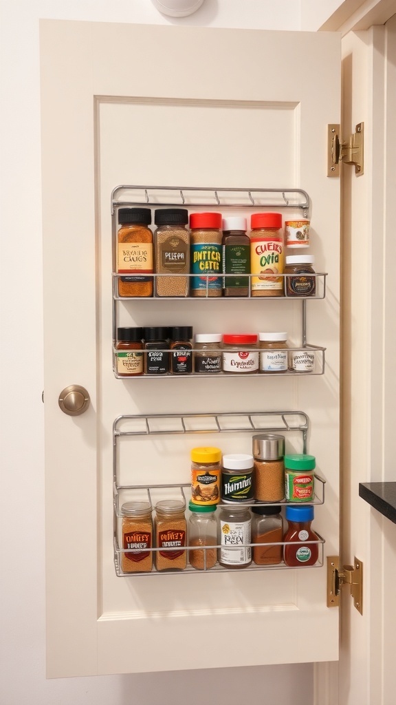 A kitchen cabinet door with spice racks installed, showcasing various spice jars.