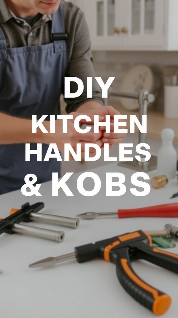 A person installing kitchen handles and knobs with tools on a table.