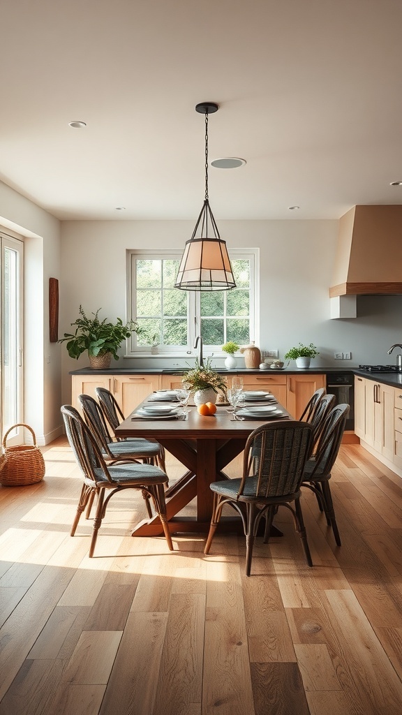 A modern country kitchen featuring a large dining table with chairs, perfect for family meals.