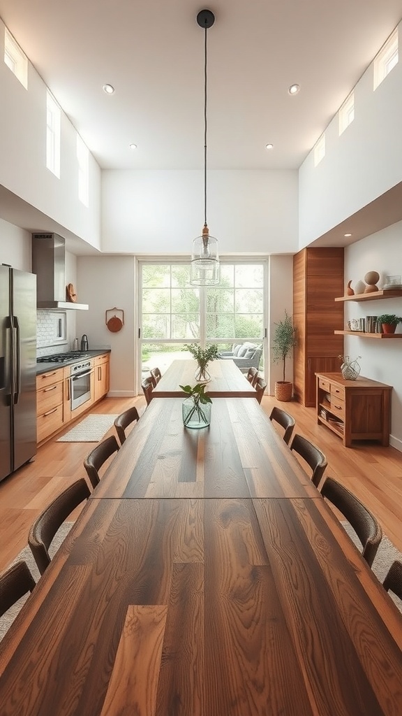A spacious open kitchen with a long wooden dining table and modern appliances.
