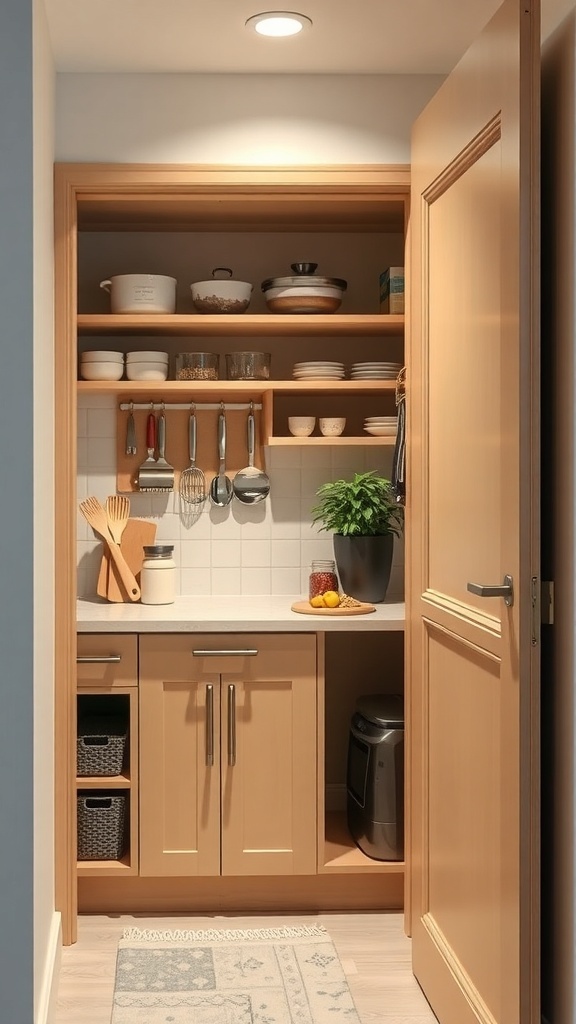 A corner kitchen pantry with shelves, countertop, and storage.