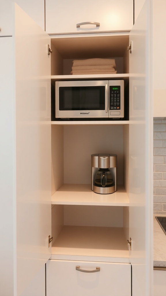 Corner kitchen cabinet with microwave and coffee maker