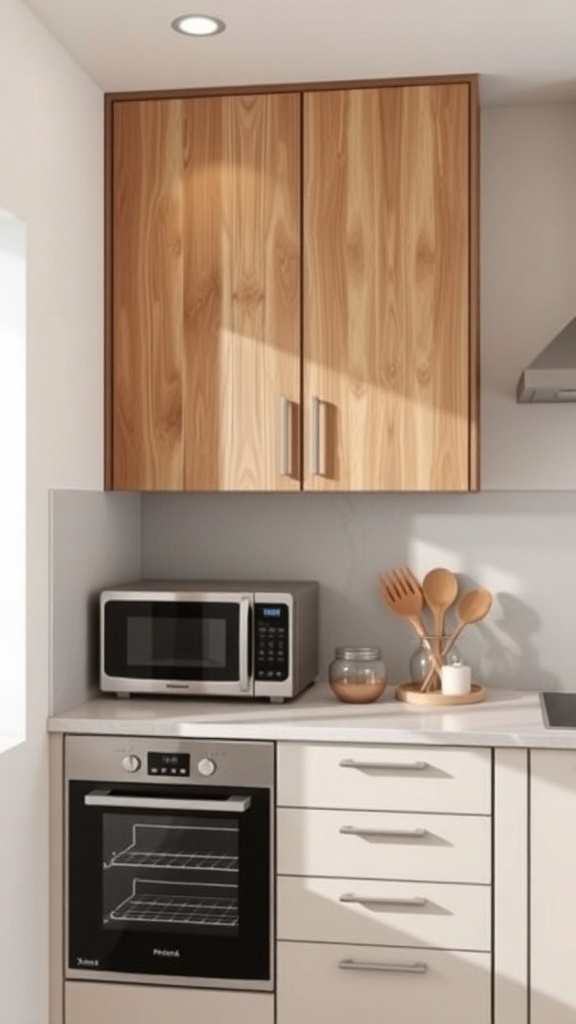 Upper corner kitchen cabinet with integrated microwave and oven.