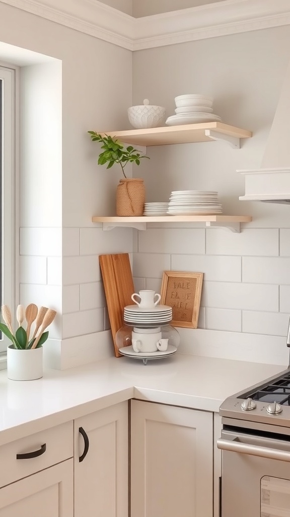 A cozy kitchen corner featuring wooden shelves with plates and a plant.