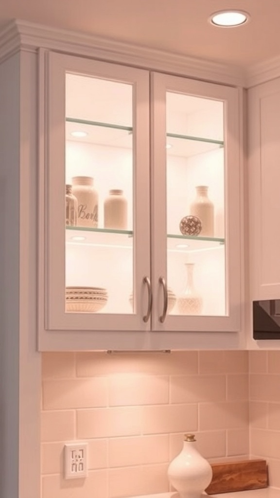 Upper corner cabinet with integrated lighting showcasing decorative items.