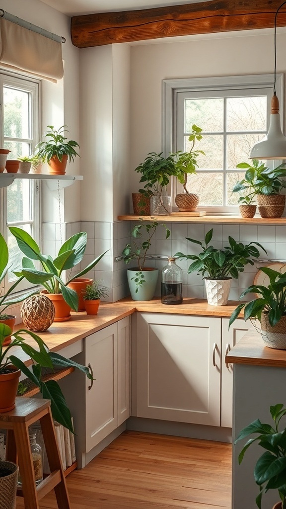 A cozy small kitchen filled with various potted plants and natural light.