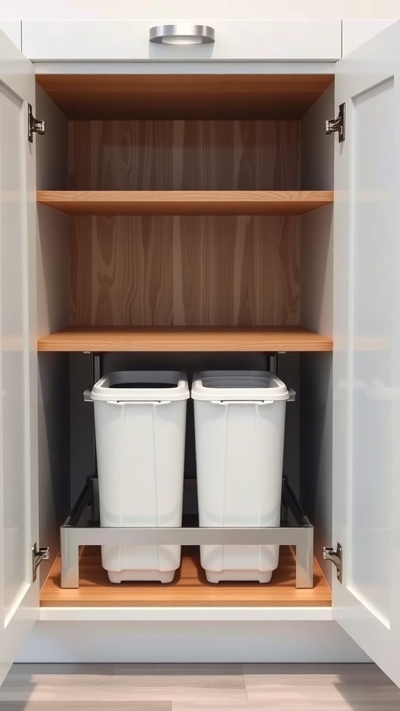 A kitchen cabinet with pull-out trash and recycling bins.