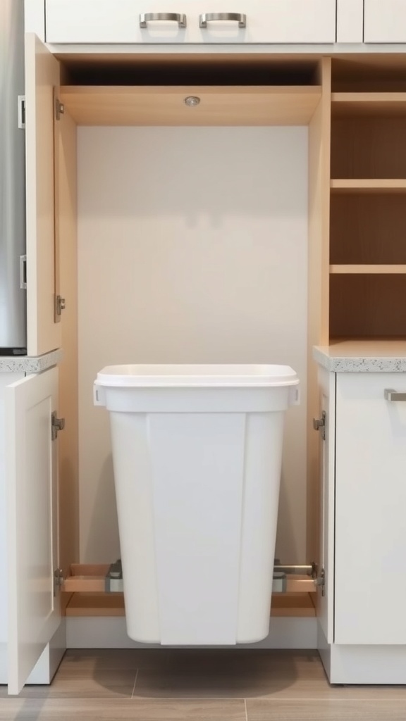 A pull-out trash bin integrated into kitchen cabinets.