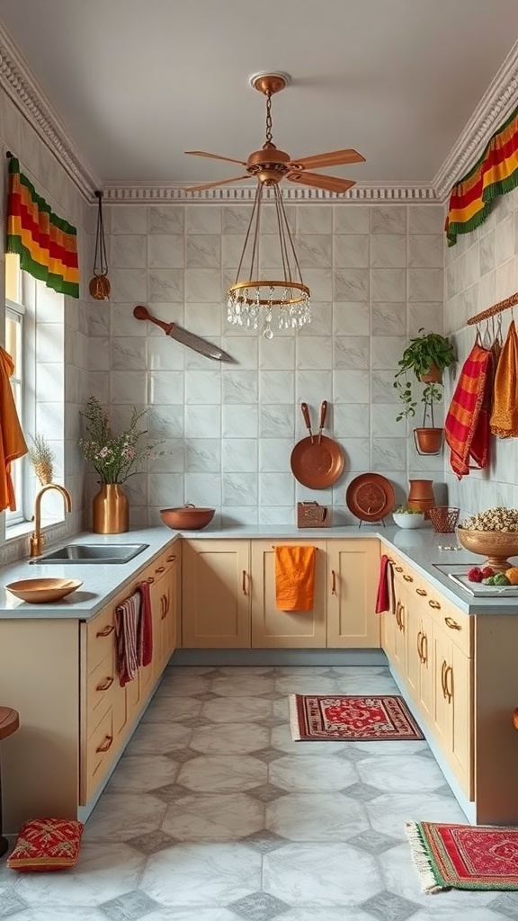 An open kitchen featuring traditional Indian decor with vibrant colors and copper pots.
