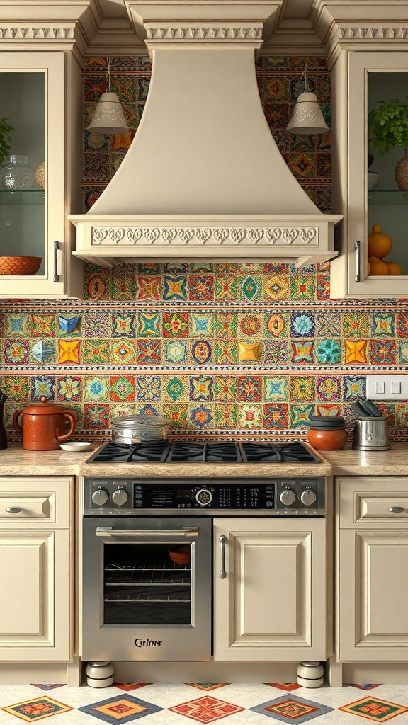 Colorful mosaic tile backsplash in an Indian style kitchen.