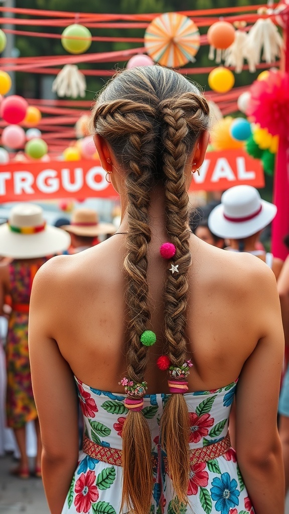 A woman with two braided pigtails decorated with colorful pom-poms, wearing a floral dress, in a festive setting.