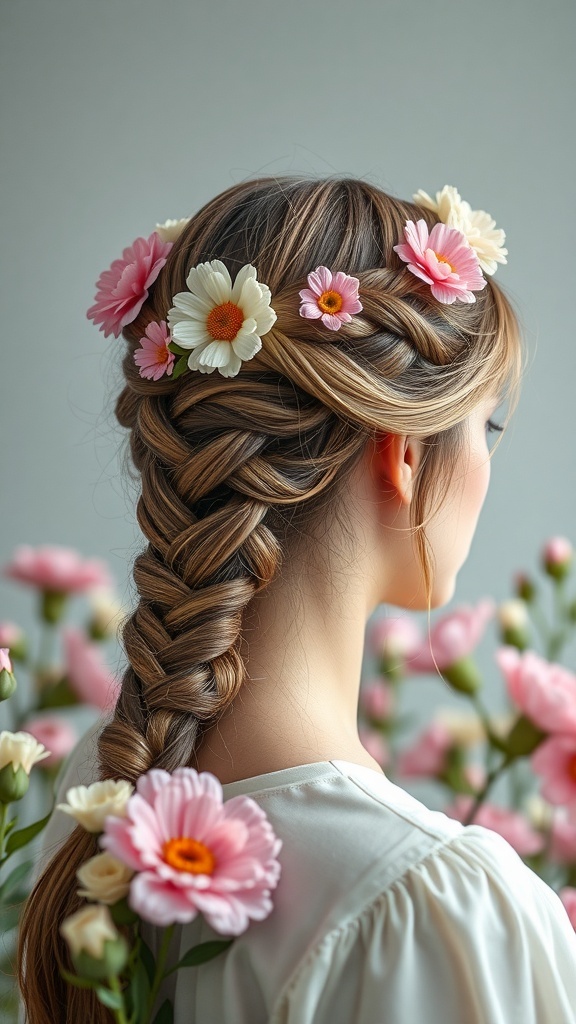 A woman with a crown braid hairstyle decorated with flowers, surrounded by pink flowers.