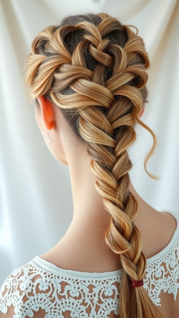 A detailed view of an intricate lace braid hairstyle on a woman with blonde hair.