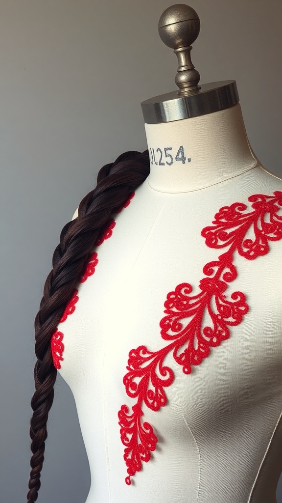 A mannequin displaying a long red braided hairstyle with lace detailing.